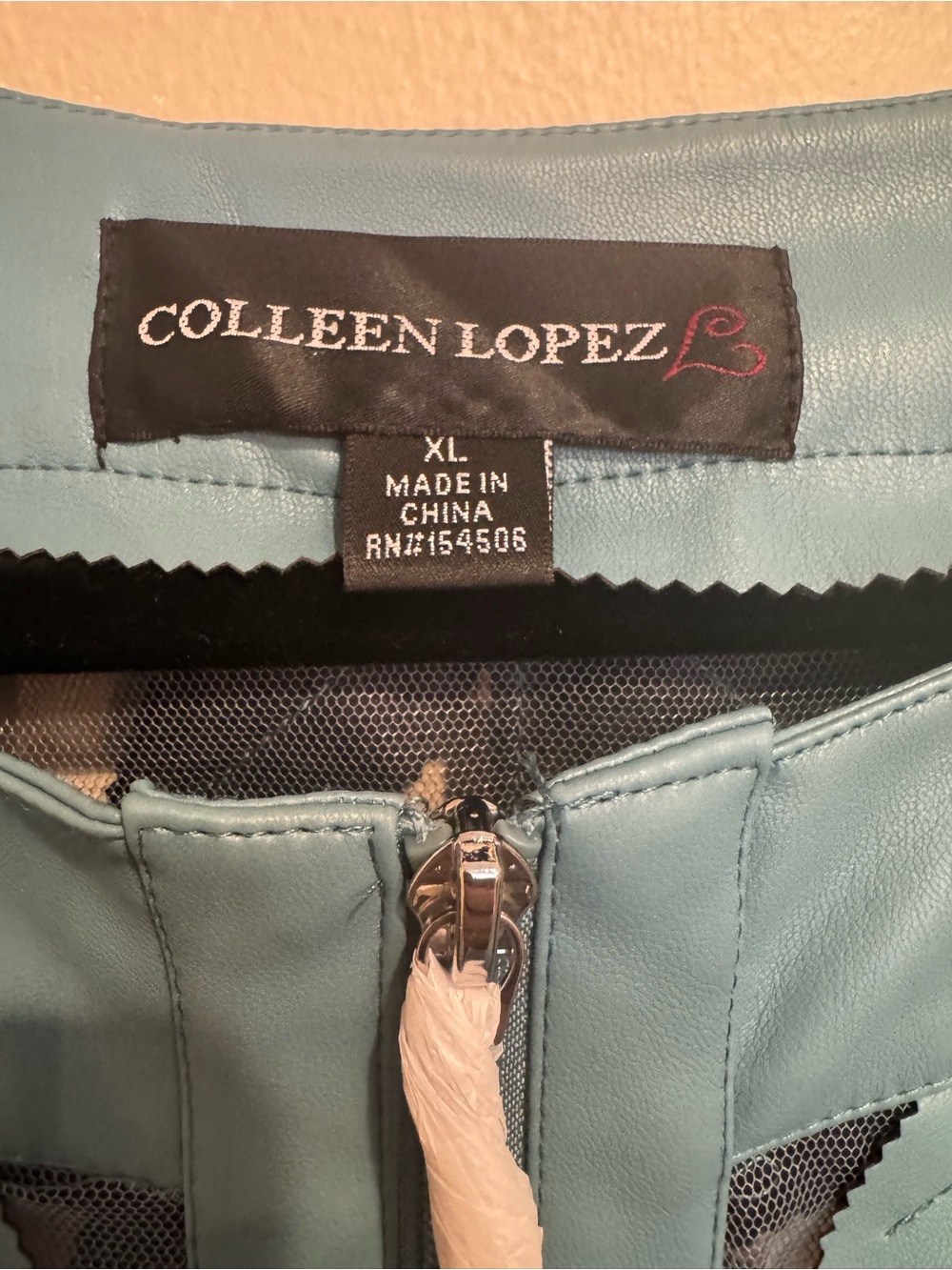 Modern Teal Mesh Faux Leather Leaf Jacket With Sheer Panel and Front Zipper - Picture 7 of 9